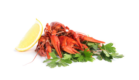 Photo of Delicious red boiled crayfishes with lemon and parsley isolated on white