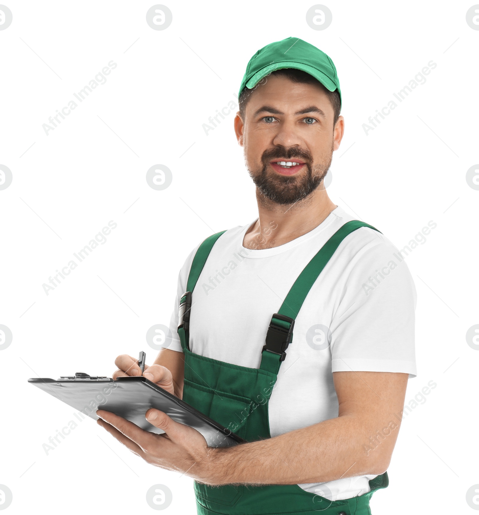 Photo of Portrait of professional auto mechanic with clipboard on white background