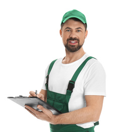 Photo of Portrait of professional auto mechanic with clipboard on white background