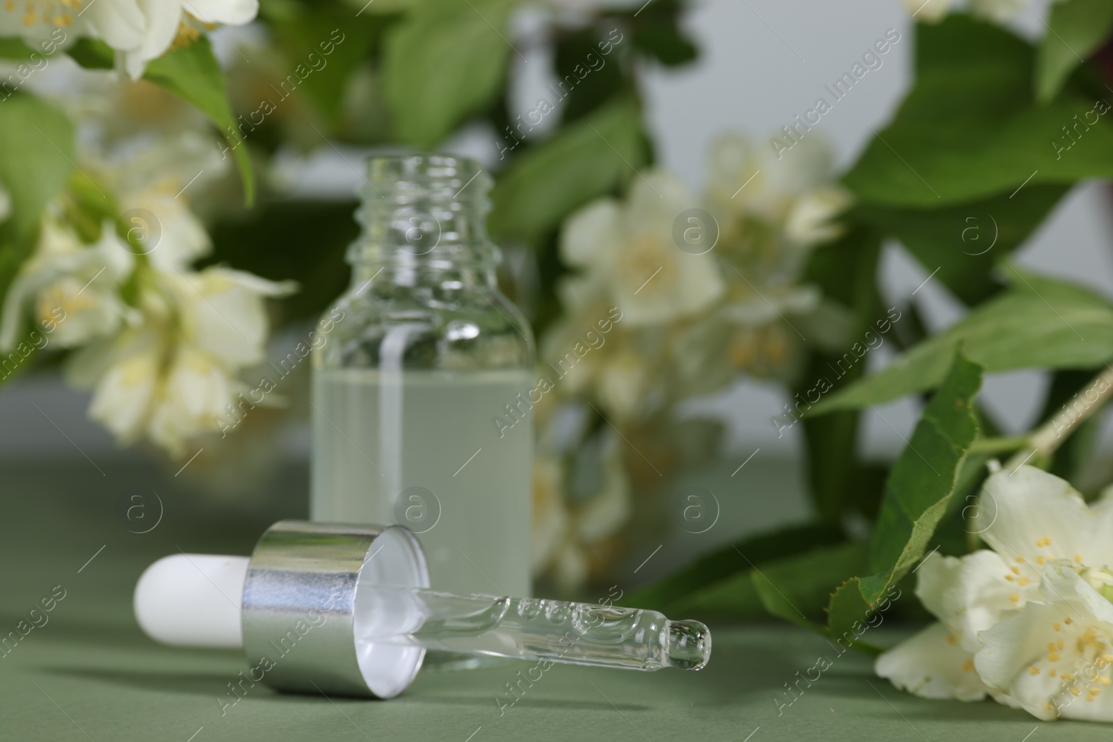 Photo of Essential oil in bottle, beautiful jasmine flowers and pipette on pale green background, closeup