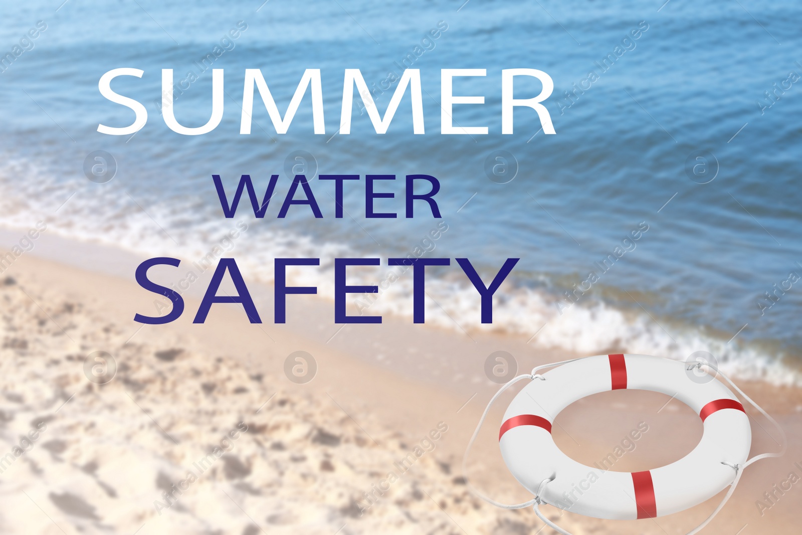 Image of Summer water safety. Life buoy on sandy beach near sea 