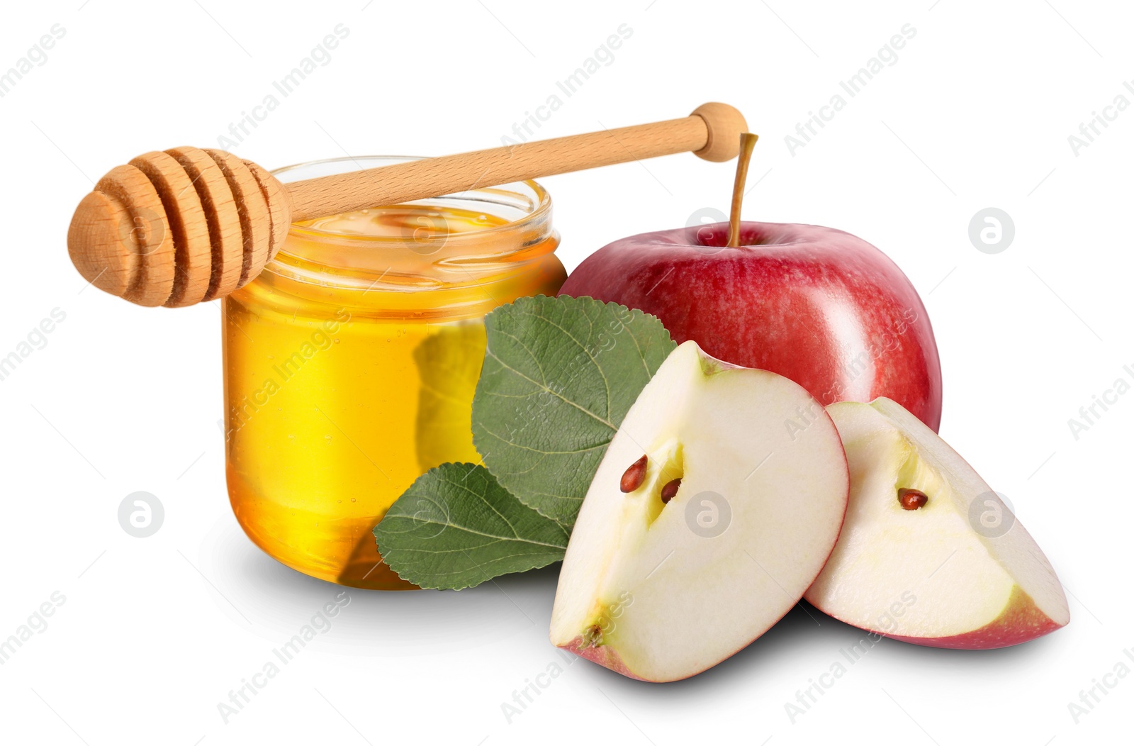 Image of Honey in glass jar, apples and dipper isolated on white