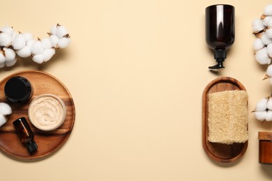 Photo of Bath accessories. Flat lay composition with personal care products on beige background, space for text