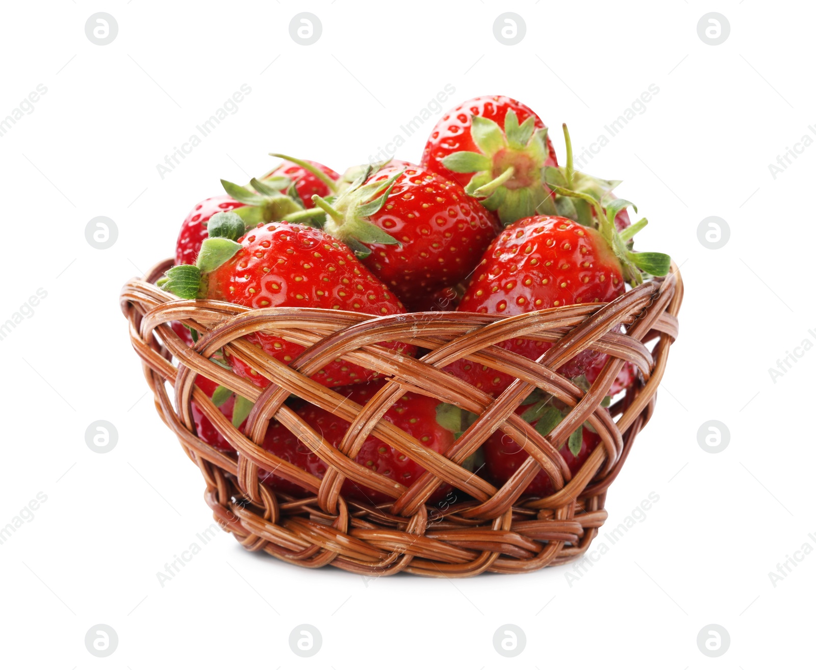 Photo of Ripe strawberries in wicker bowl isolated on white