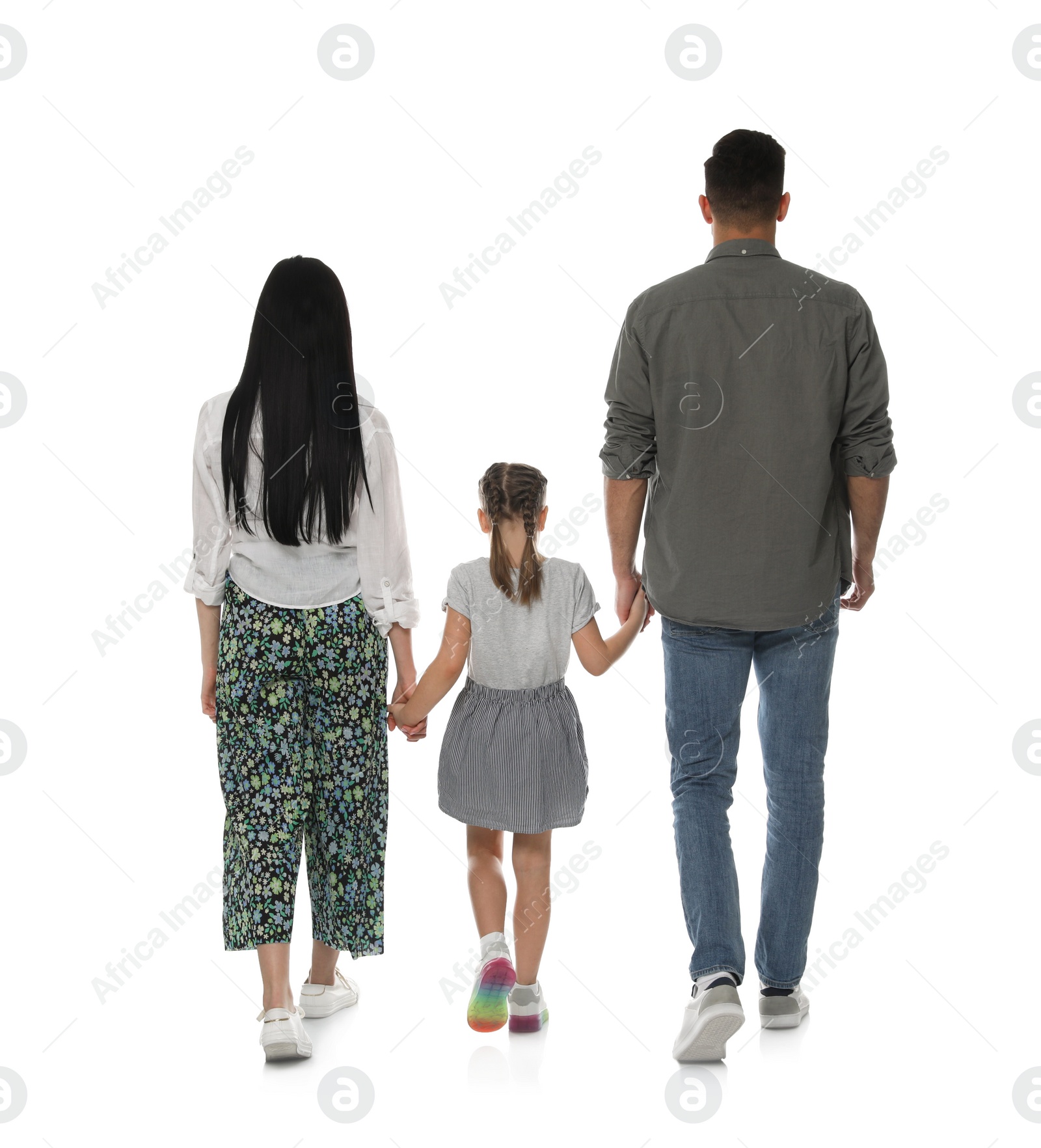 Photo of Little girl with her parents on white background, back view