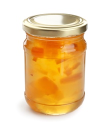 Photo of Jar with tasty sweet jam on white background