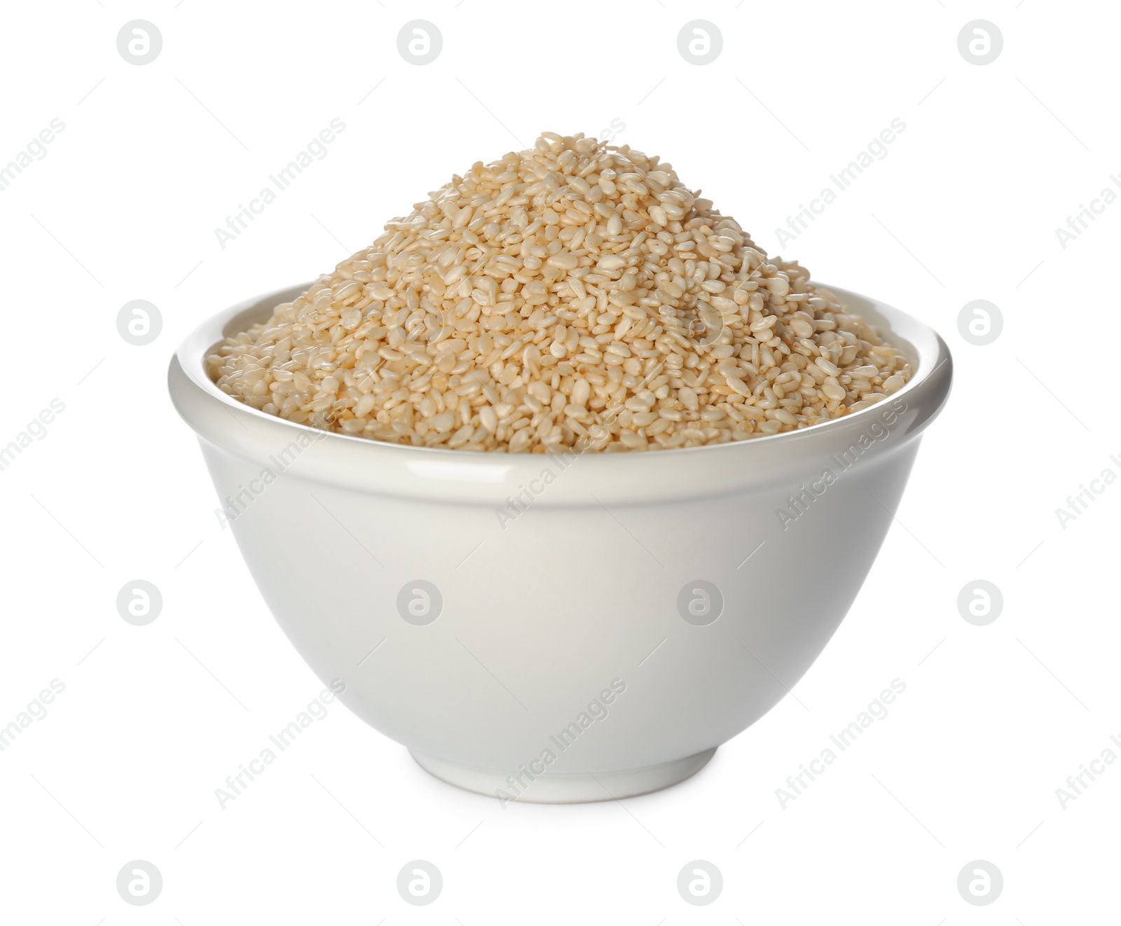 Photo of Ceramic bowl with sesame seeds on white background