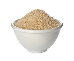 Photo of Ceramic bowl with sesame seeds on white background