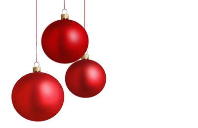 Image of Set of red Christmas balls on white background 