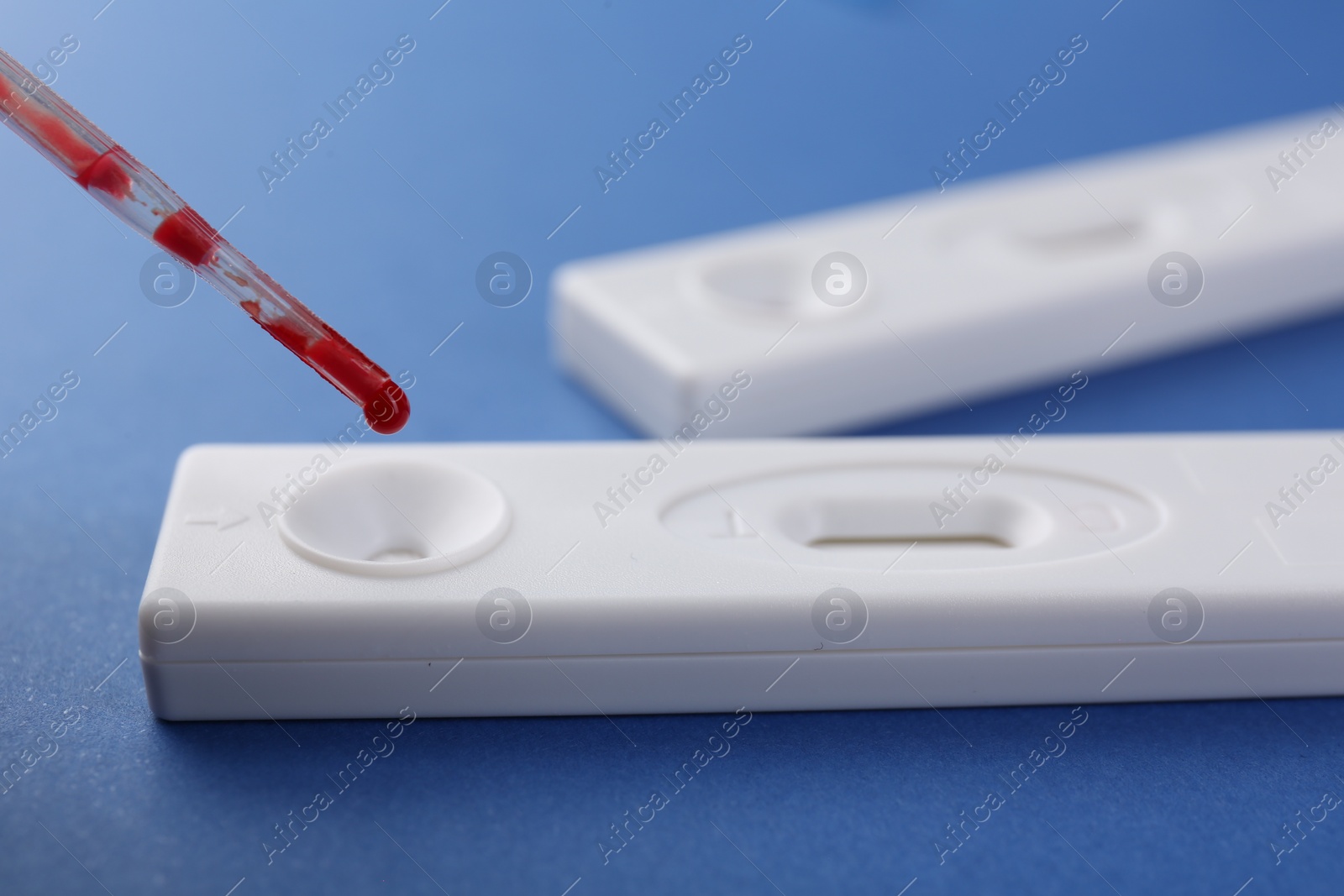 Photo of Dropping blood sample onto disposable express test cassette with pipette on blue background, closeup