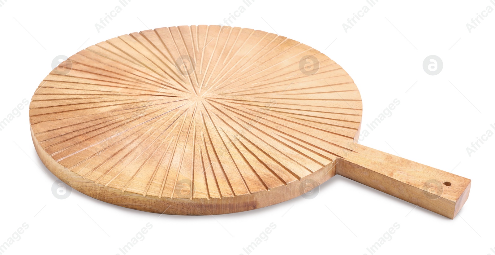 Photo of Round wooden cutting board isolated on white