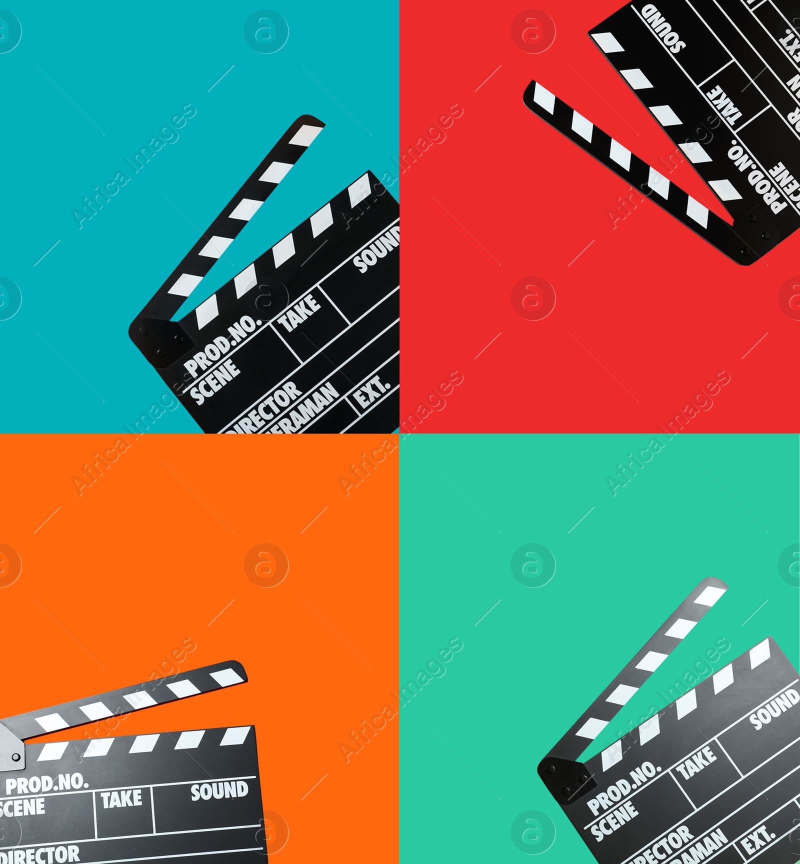 Image of Set with clapperboards on different color backgrounds, top view