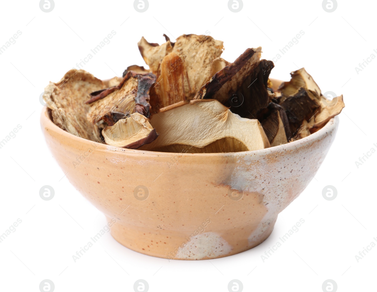 Photo of Bowl of dried mushrooms isolated on white