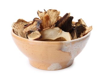 Bowl of dried mushrooms isolated on white