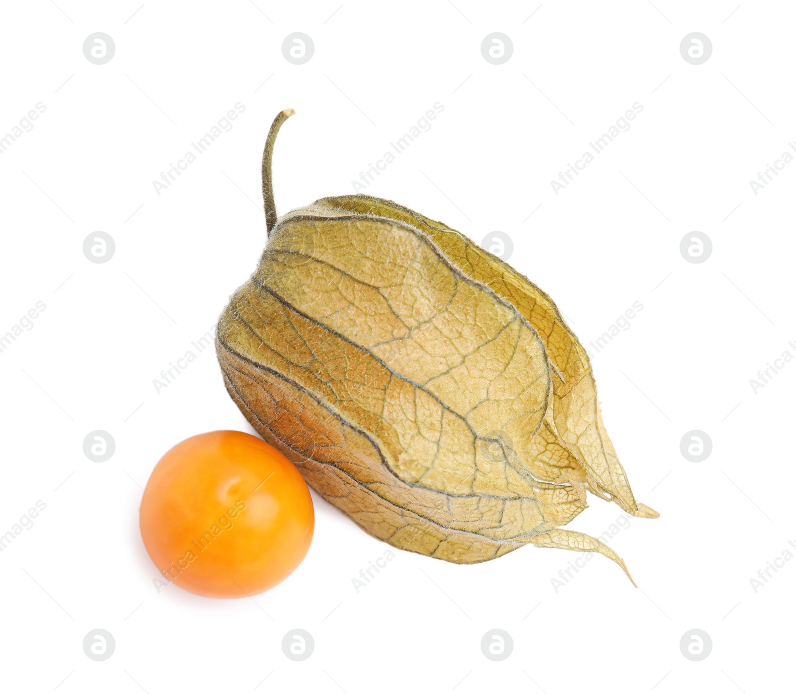 Photo of Fresh ripe physalis fruits isolated on white, top view