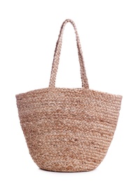 Stylish straw bag on white background. Summer accessory