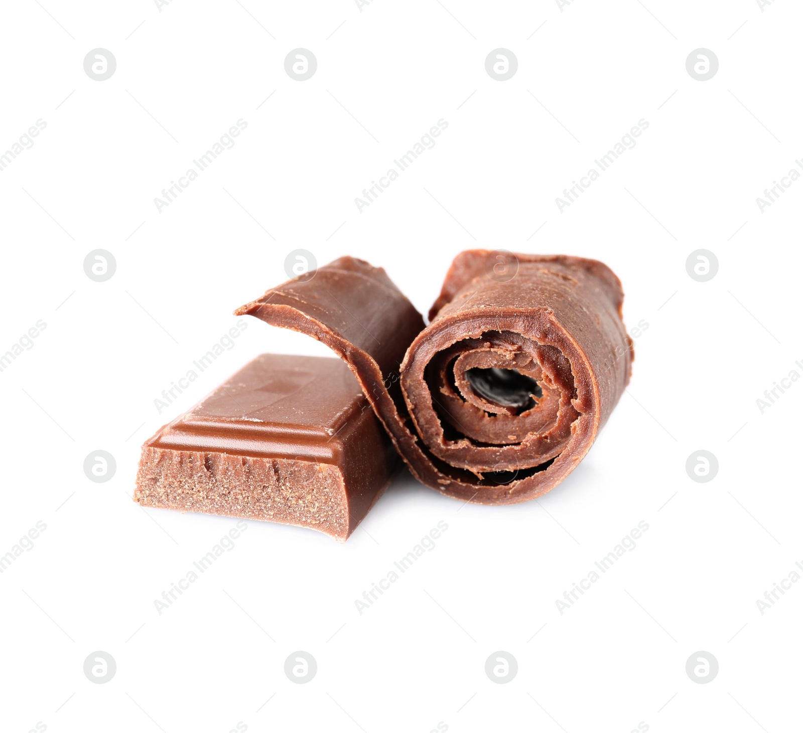 Photo of Chocolate curl and piece isolated on white