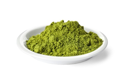 Photo of Plate with powdered matcha tea on white background