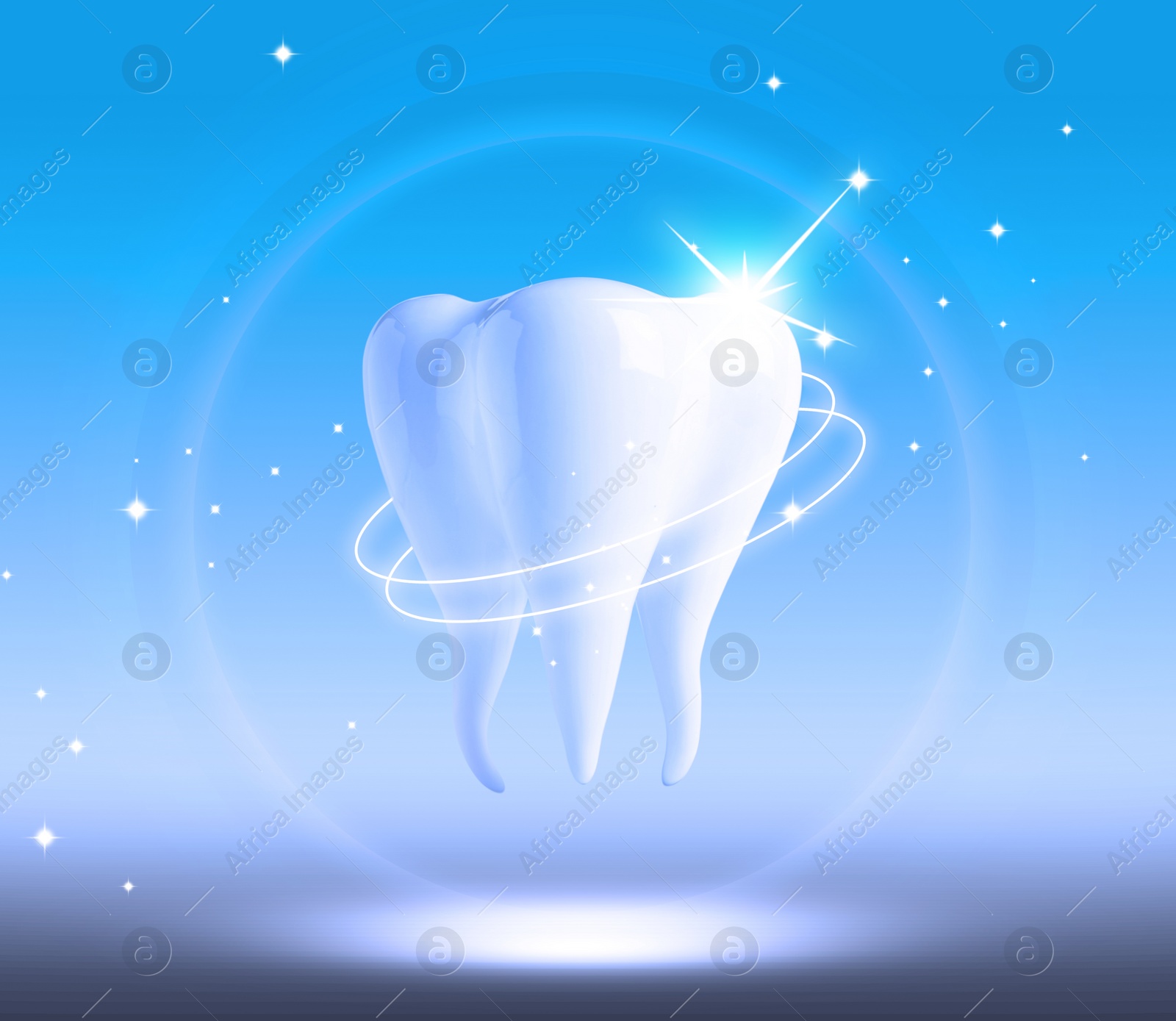 Image of Tooth model with glowing on light blue background. Dental care