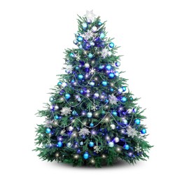 Image of Christmas tree decorated with ornaments and festive lights isolated on white