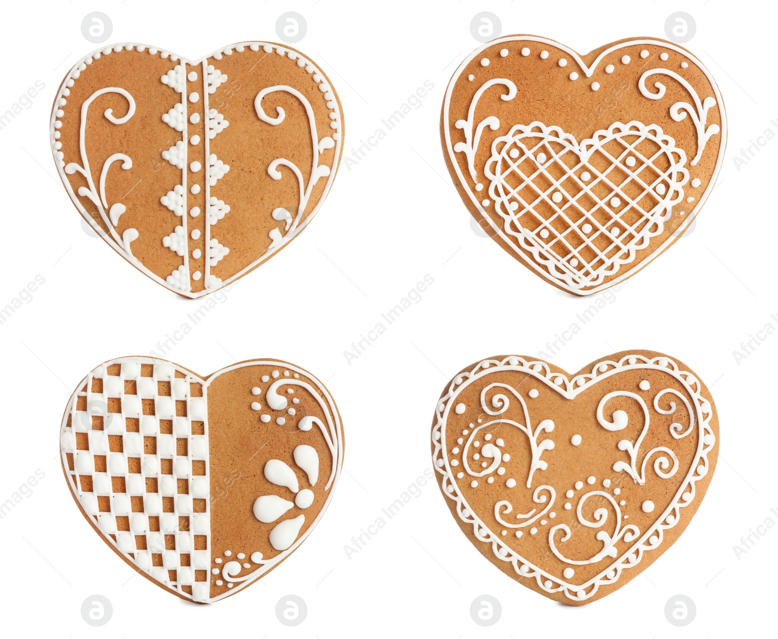 Image of Set of Christmas gingerbread heart shaped cookies on white background 