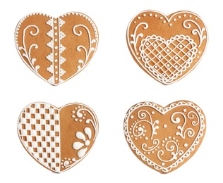 Set of Christmas gingerbread heart shaped cookies on white background 