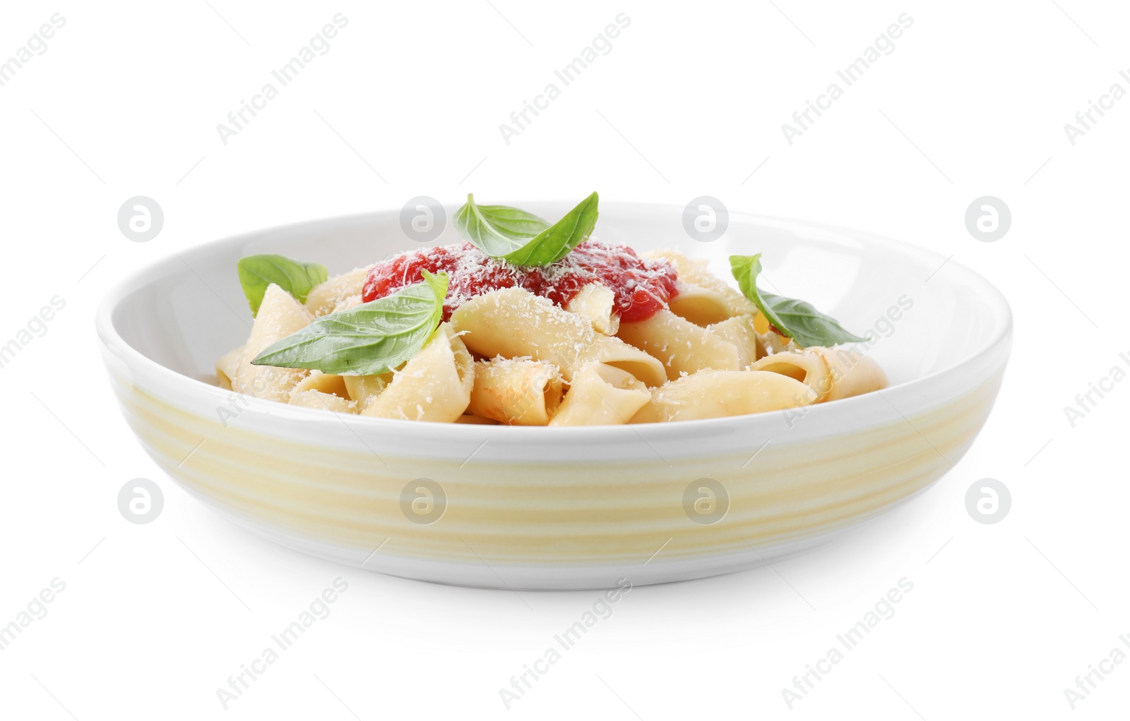 Photo of Delicious maltagliati pasta with tomato sauce isolated on white