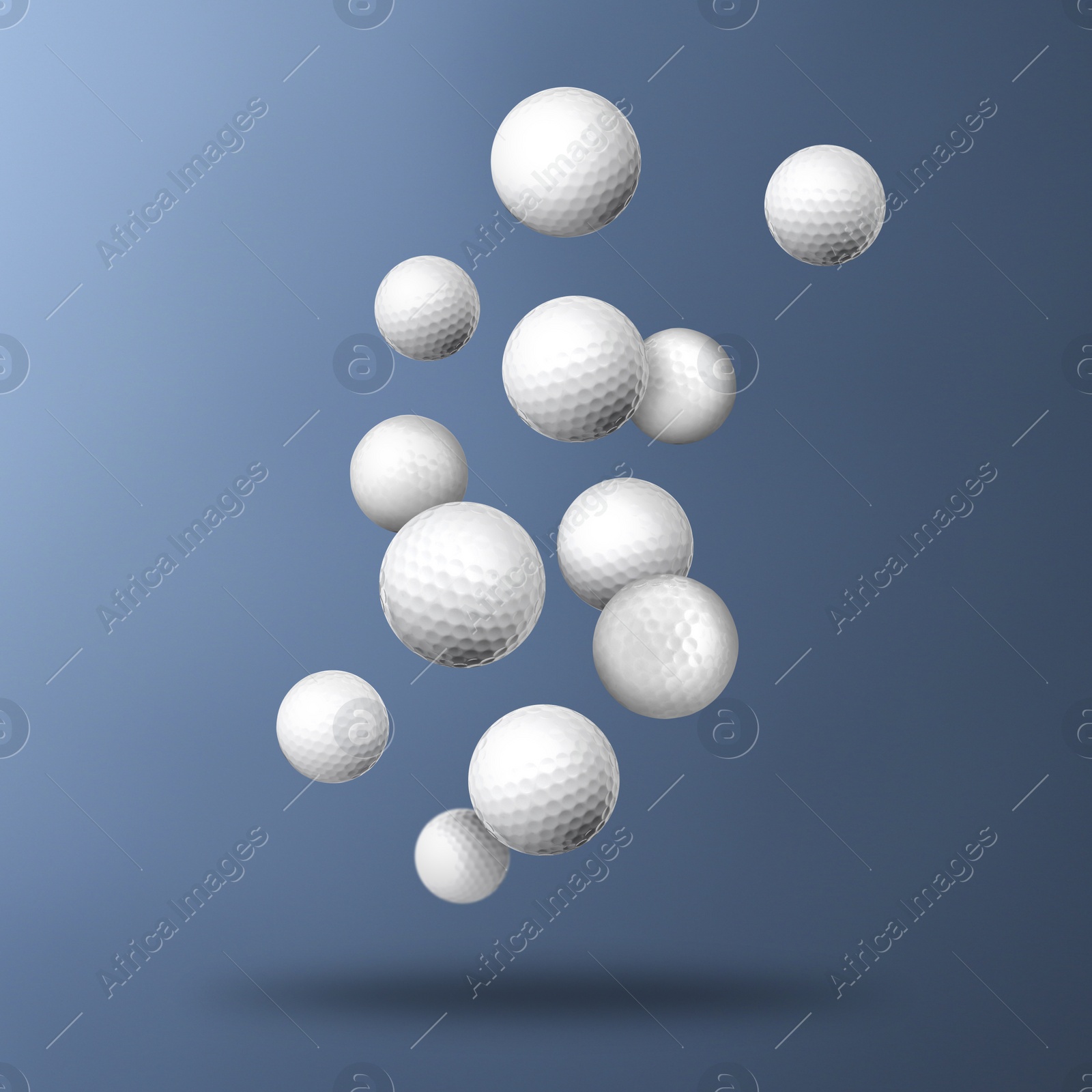 Image of Many golf balls falling on steel blue gradient background