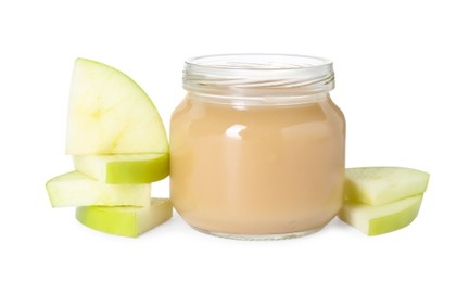 Tasty baby food in jar and fresh apple isolated on white