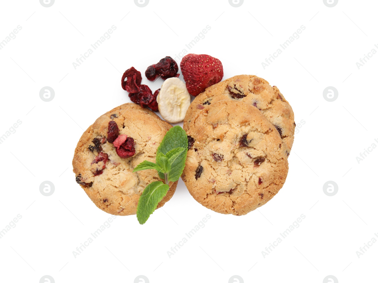 Cookies with freeze dried fruits and mint isolated on white, top view Photo of Cookies with freeze dried fruits and mint isolated on white, top view