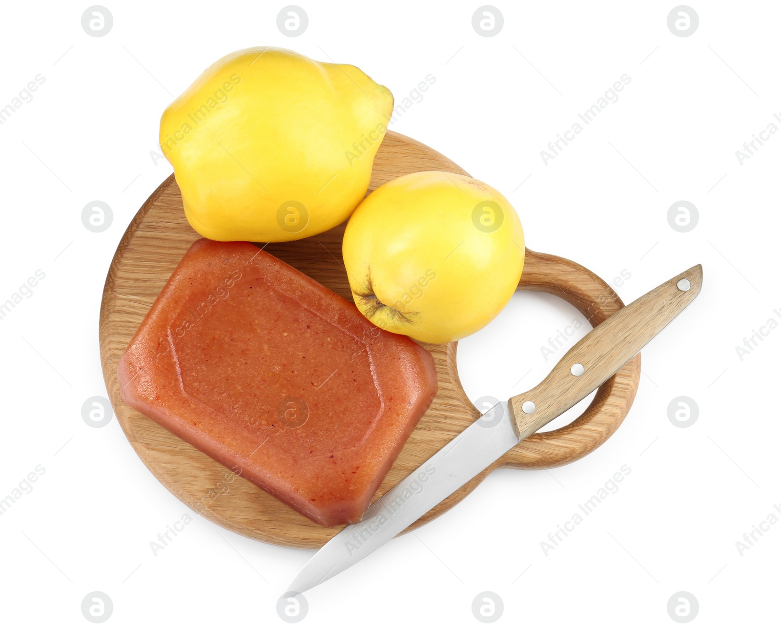 Photo of Delicious sweet quince paste, knife and fresh fruits isolated on white, top view