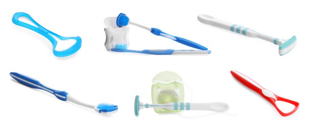 Image of Set with different tongue scrapers, dental floss and toothbrushes on white background. Banner design 
