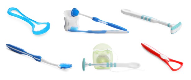 Set with different tongue scrapers, dental floss and toothbrushes on white background. Banner design 