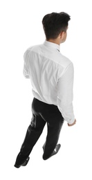 Businessman in formal clothes on white background, back view