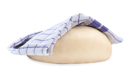 Photo of Fresh yeast dough and towel isolated on white