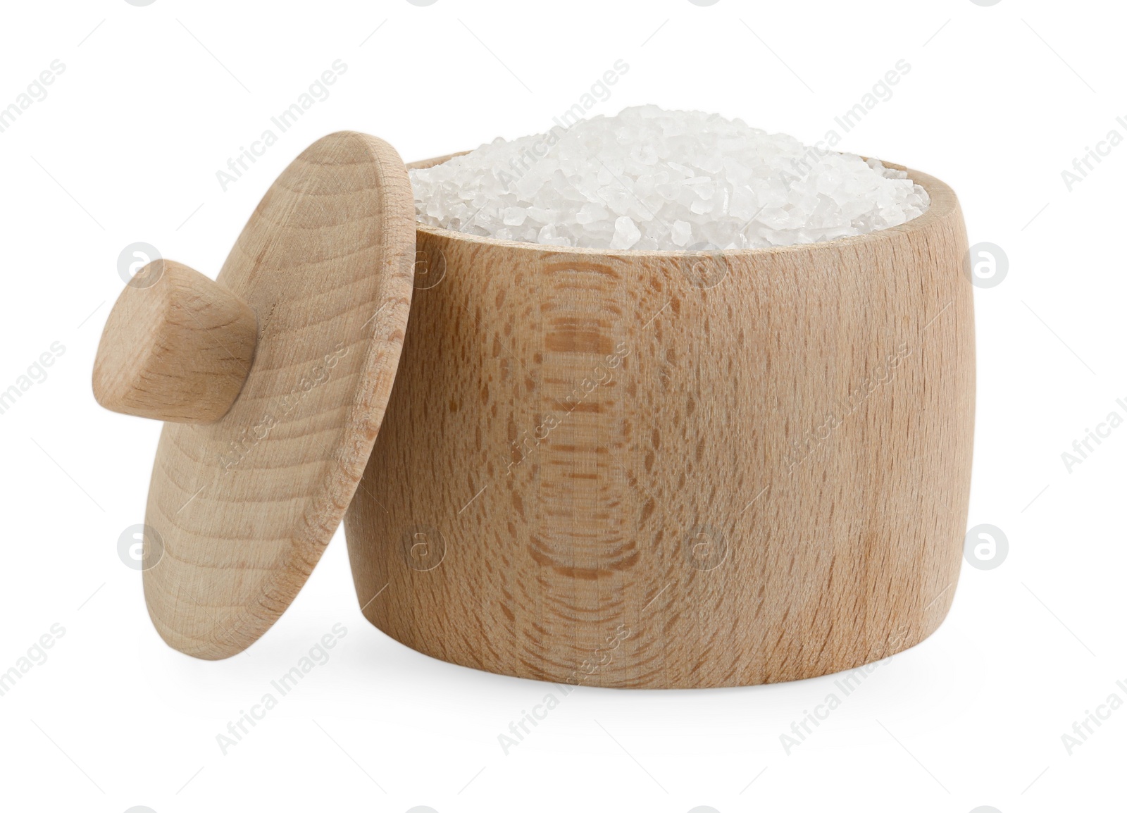 Photo of Natural salt in wooden bowl isolated on white