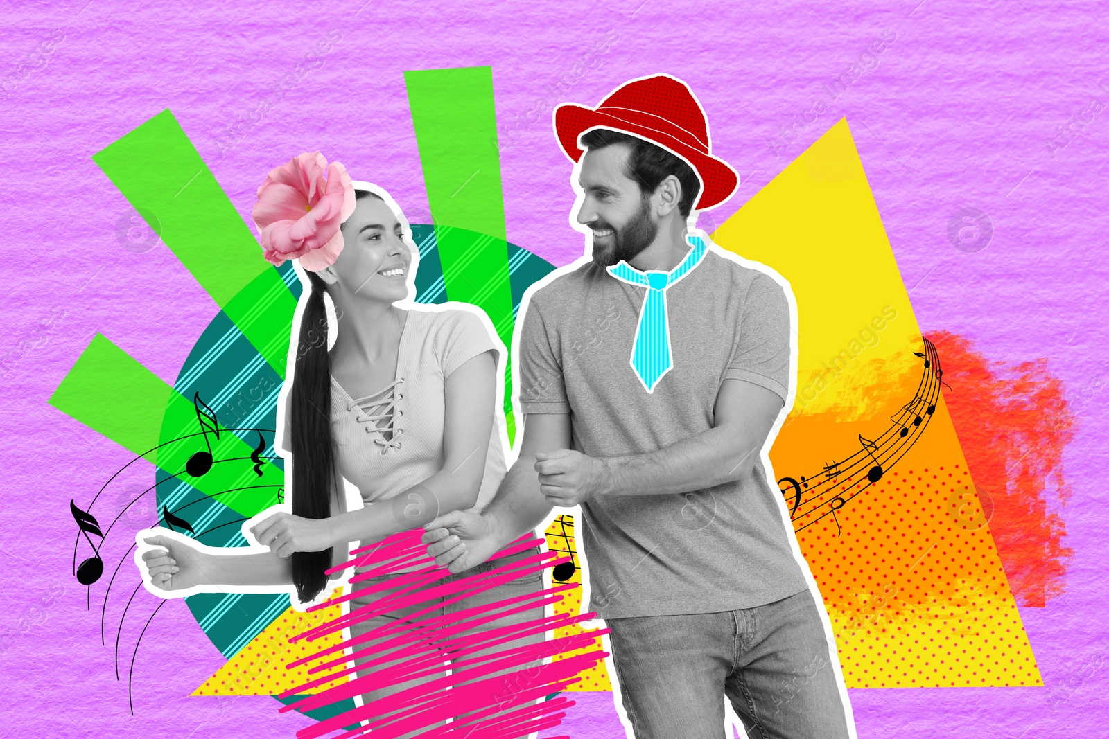 Image of Happy couple dancing on bright background, creative collage. Stylish art design