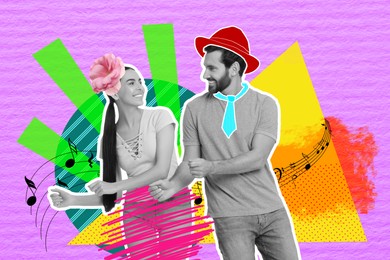 Image of Happy couple dancing on bright background, creative collage. Stylish art design