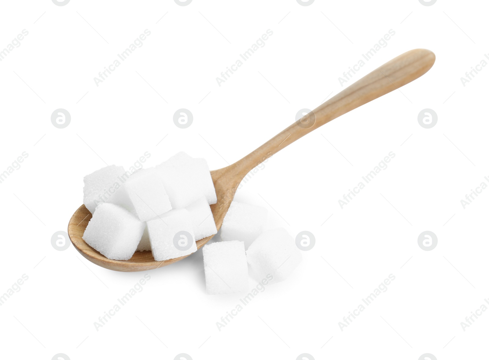 Photo of Sugar cubes and wooden spoon isolated on white