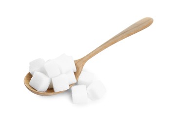 Sugar cubes and wooden spoon isolated on white