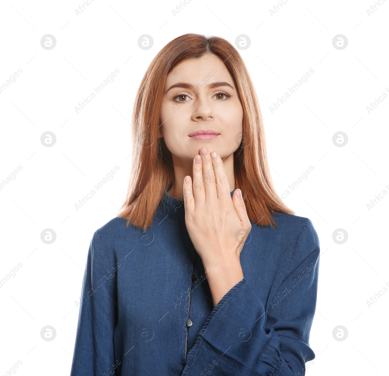 Photo of Woman showing THANK YOU gesture in sign language on white background