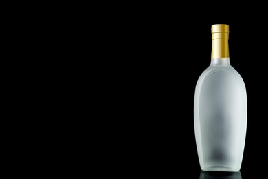 Bottle of vodka on black background. Space for text