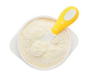 Photo of Dry healthy baby food in bowl on white background, top view