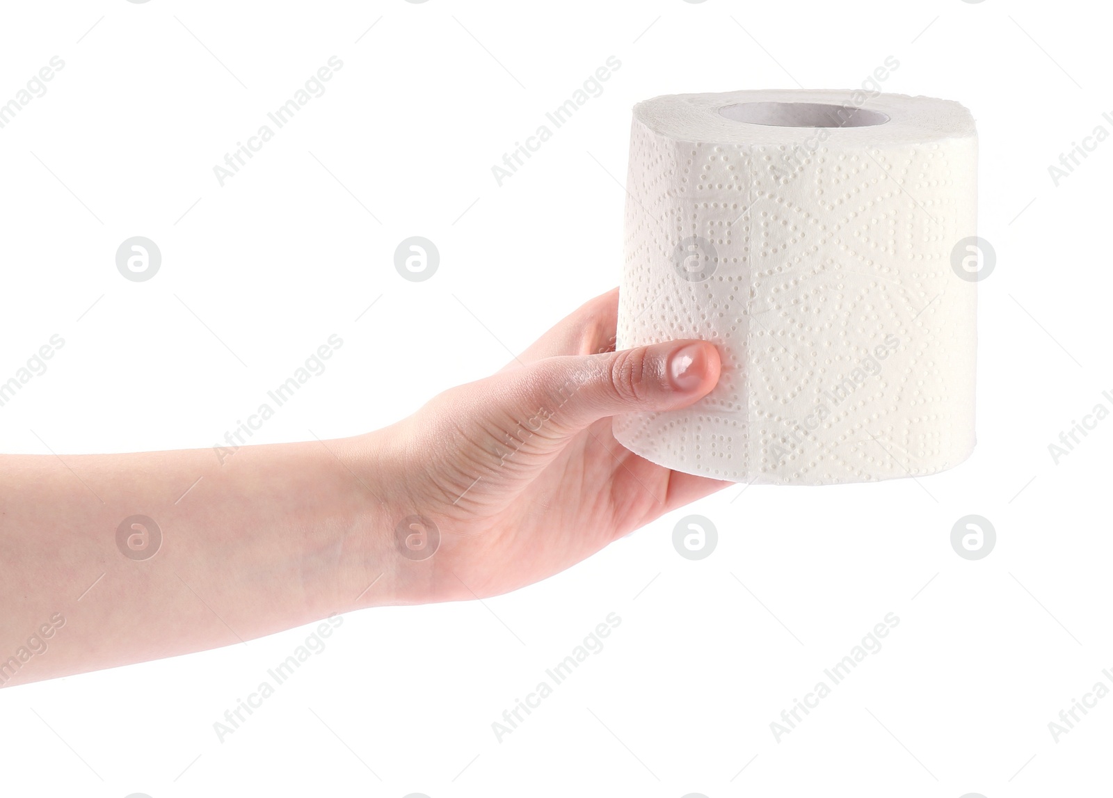 Photo of Woman holding toilet paper roll on white background, closeup