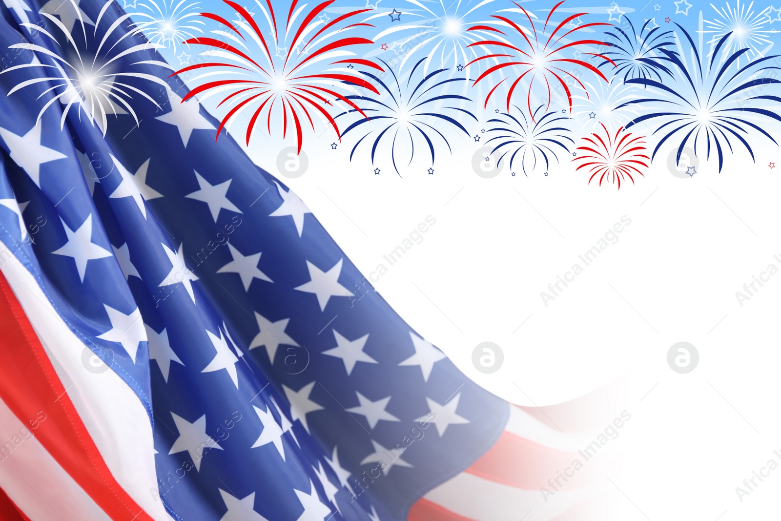 Image of 4th of july - Independence Day of USA. American national flag and fireworks on white background, space for design