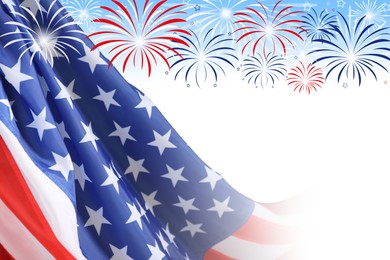 Image of 4th of july - Independence Day of USA. American national flag and fireworks on white background, space for design