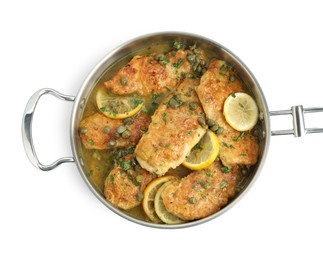 Photo of Delicious chicken piccata in pot isolated on white, top view