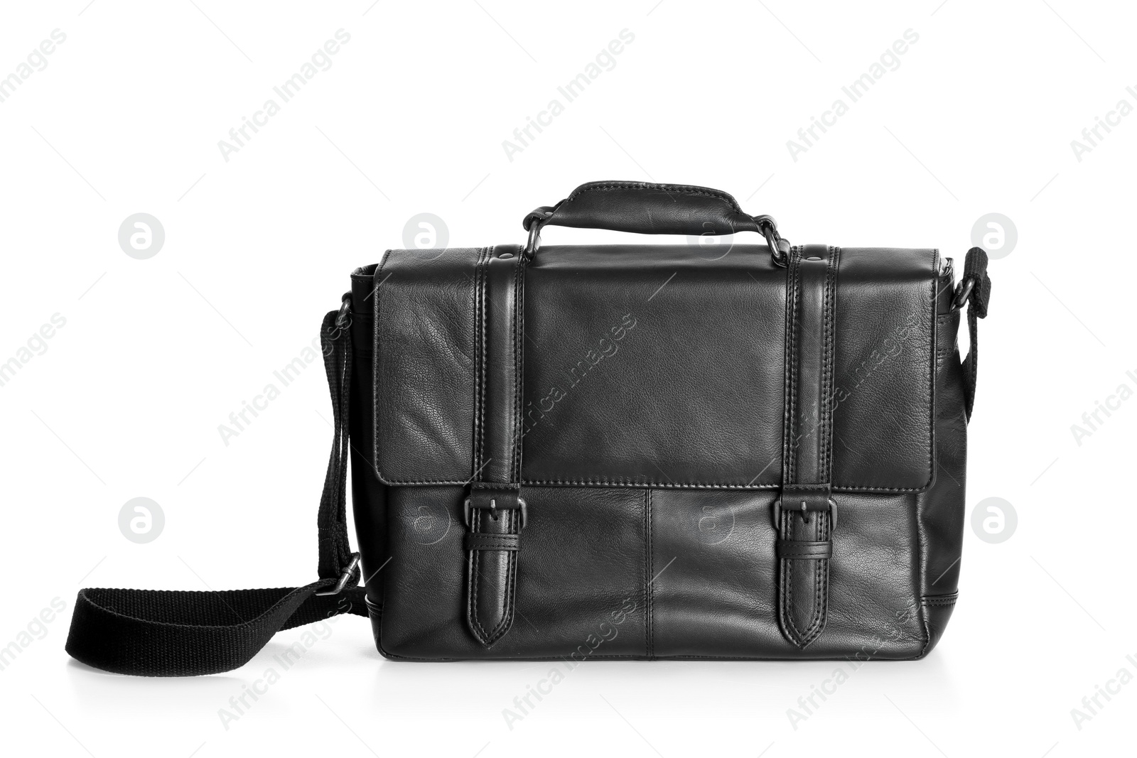 Photo of Black male leather briefcase with strap on white background