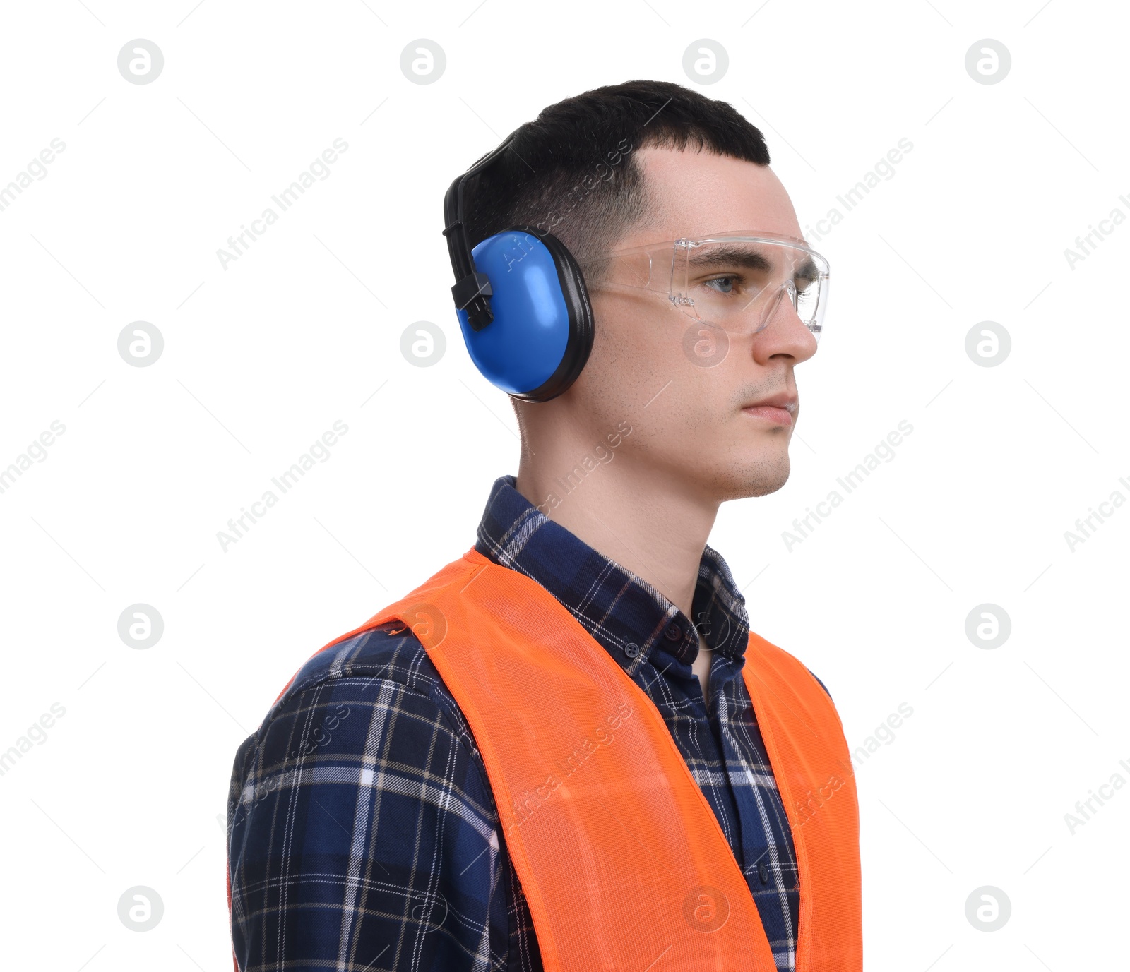 Photo of Young man wearing safety equipment on white background