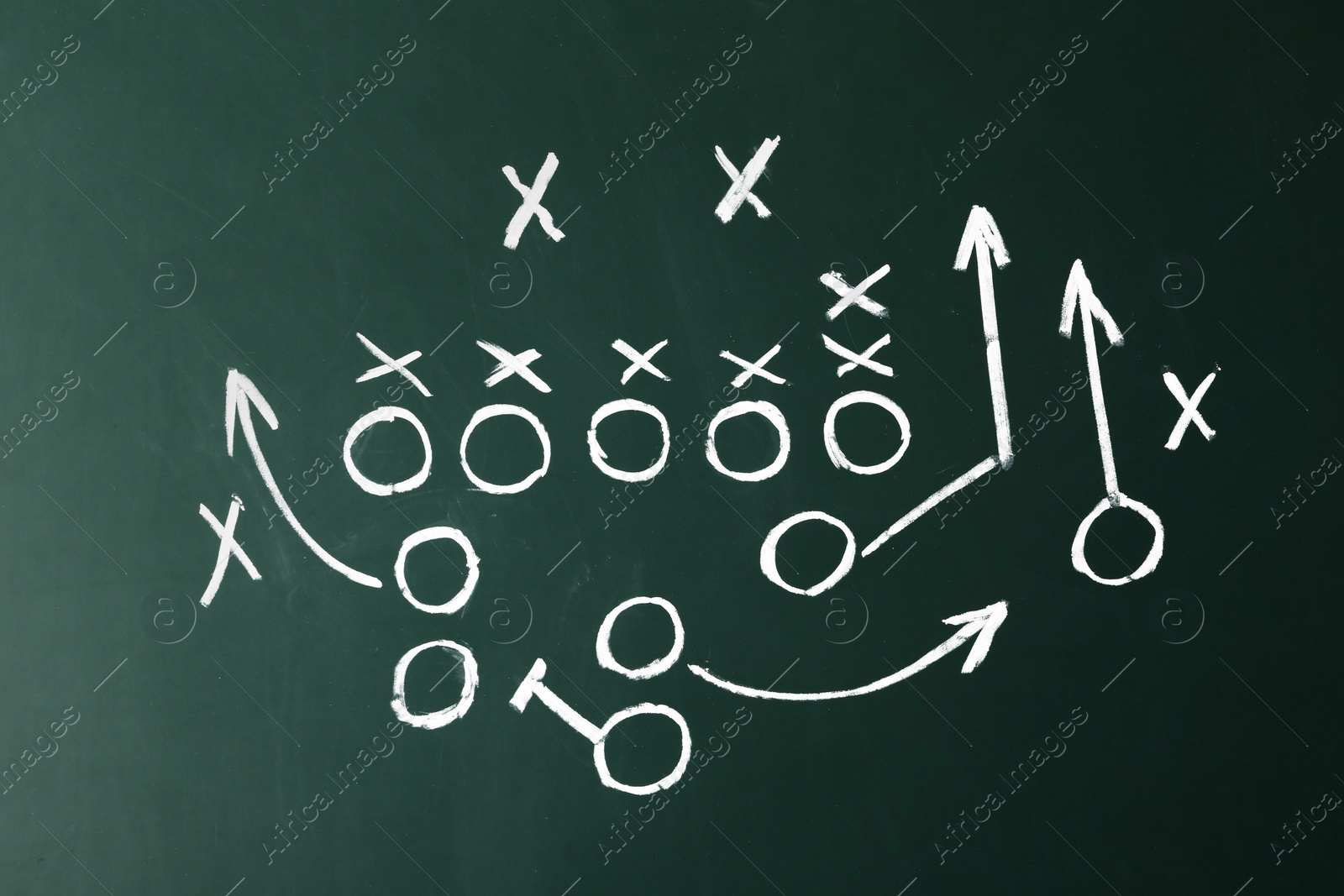 Photo of Chalkboard with scheme of football game. Team play and strategy